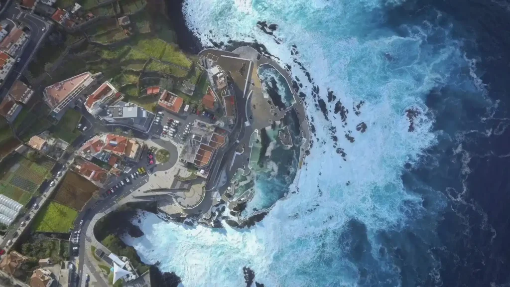 Aerial view of a coastal town near the ocean