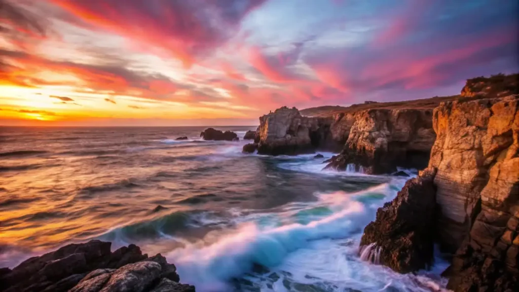 Waves crashing against rocky cliffs