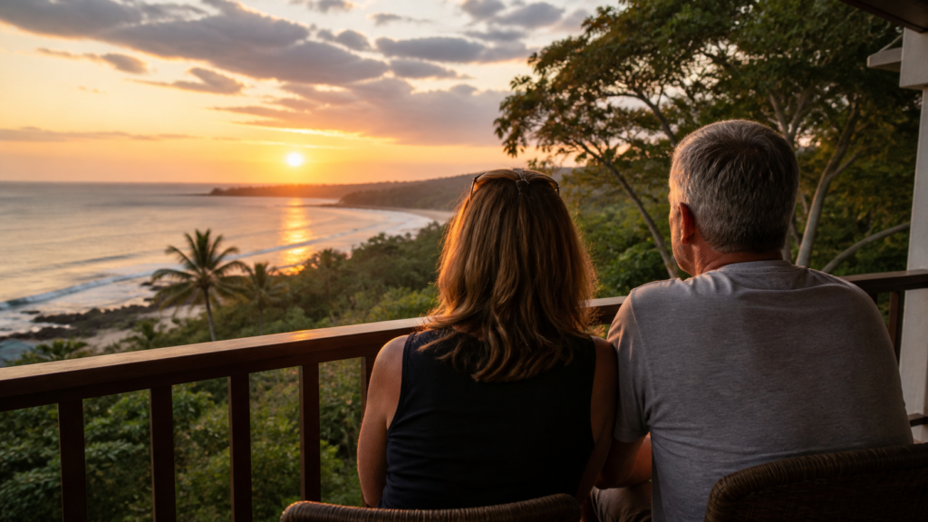 Middle-aged couple watching a Costa Rica beach sunset from a balcony