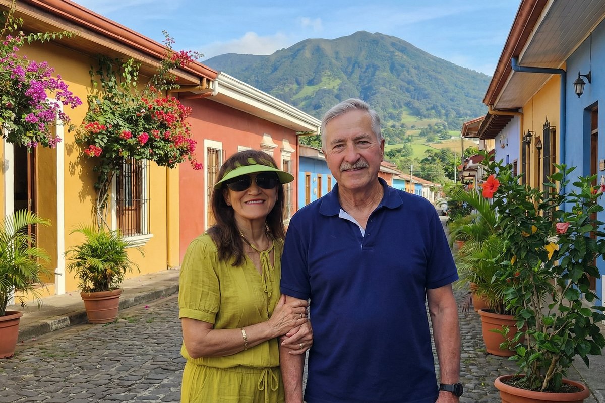 Costa Rica residency documents with passport and flag on tropical beach background