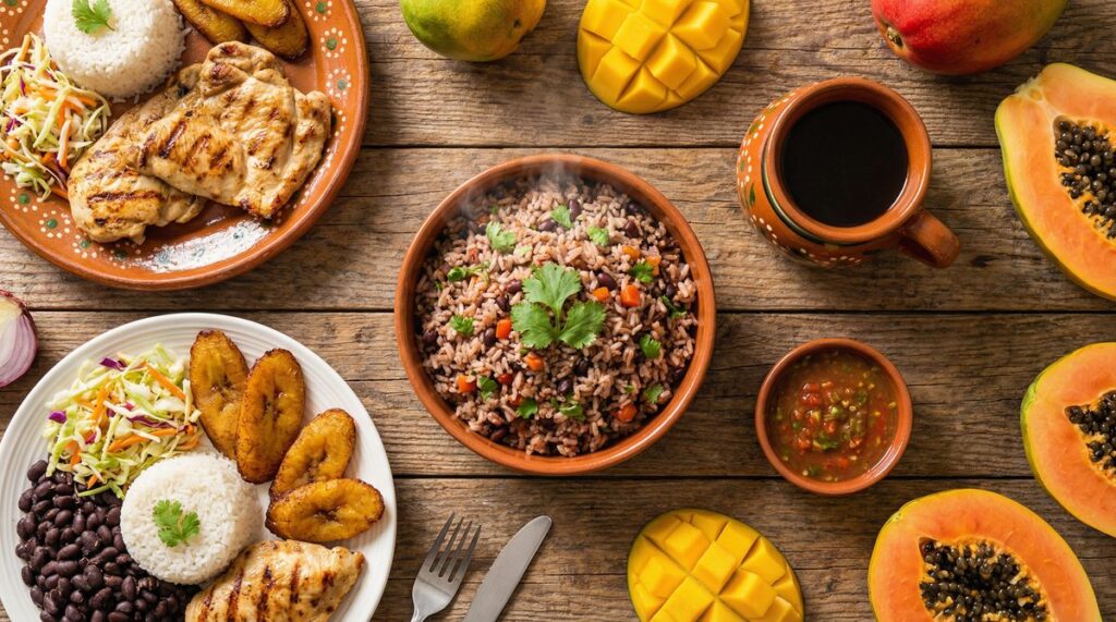 Traditional Costa Rican food spread including gallo pinto, casado, plantains, coffee and tropical fruits on a rustic wooden table