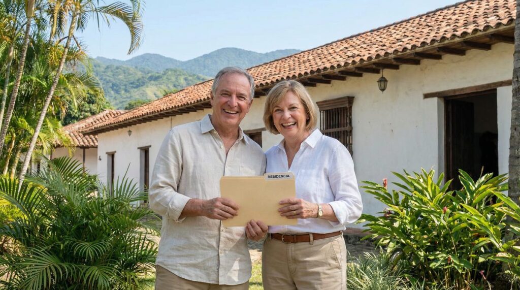 Happy couple holding residency documents in front of a Costa Rican colonial building with mountains in background