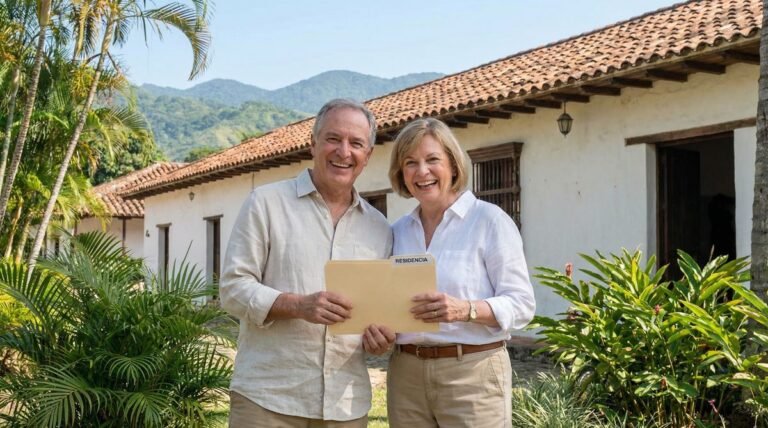 Happy couple holding residency documents in front of a Costa Rican colonial building with mountains in background