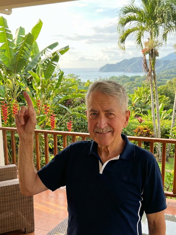 Ken Gardner, Costa Rica relocation guide, on a tropical terrace with ocean view