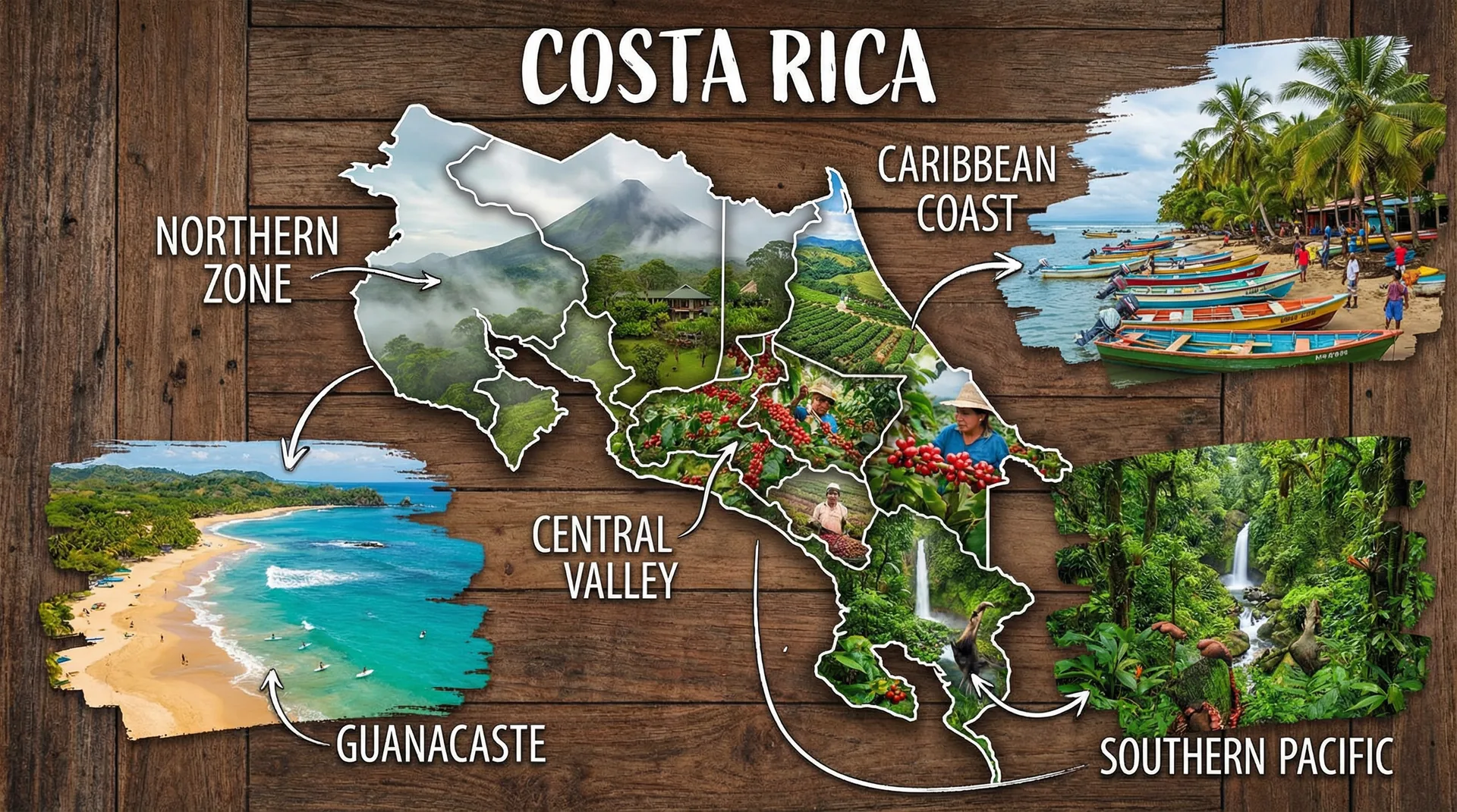 Costa Rica regions map showing diverse landscapes from mountains to beaches