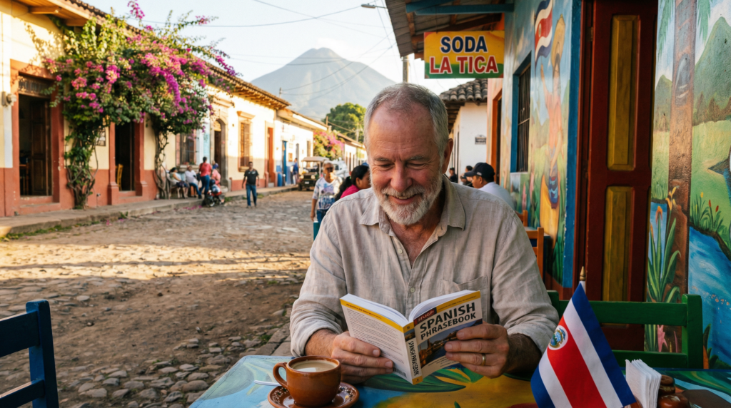 Expat studying Spanish at a Costa Rican soda with a Spanish phrasebook and Costa Rican flag
