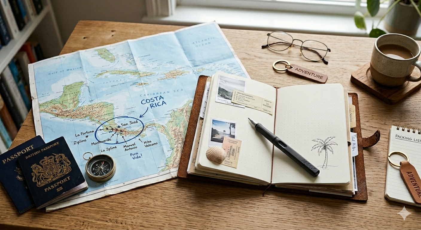 An organized desk layout featuring an expat passport, relocation checklist notes, and a map of Costa Rica evoking a thoughtful planning process.