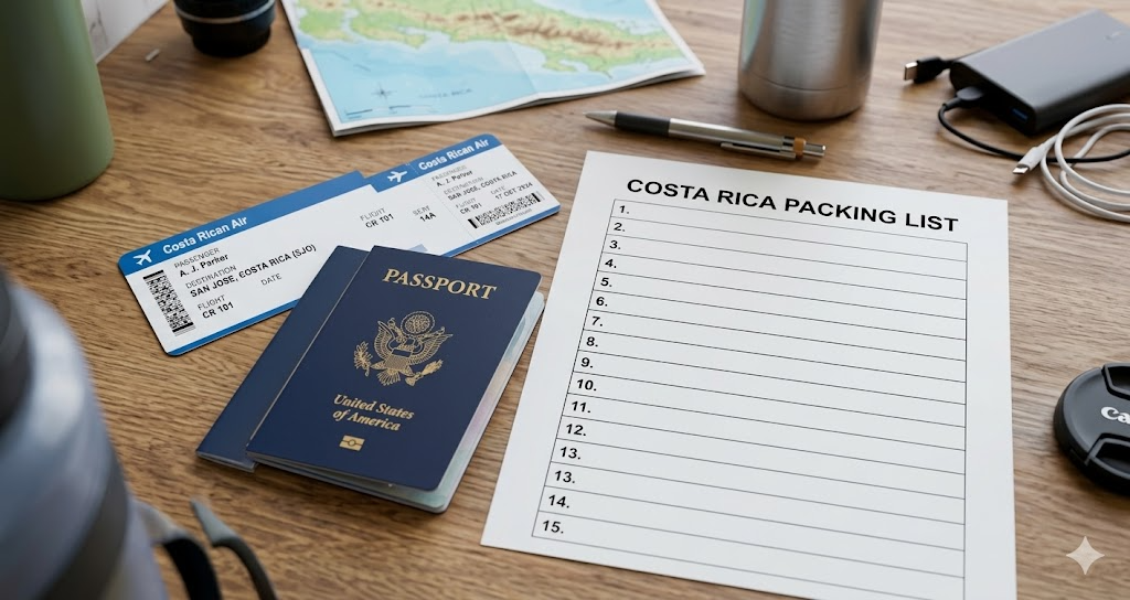 Organized packing list and travel essentials for a long stay in Costa Rica