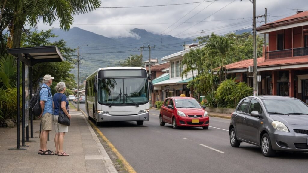 Bus, taxi, and car illustrating transportation options for expats in Costa Rica