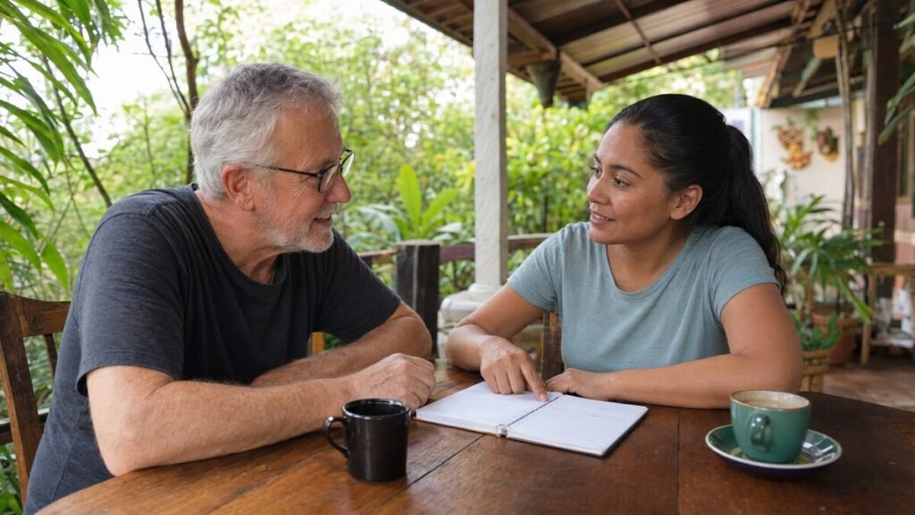 An older newcomer practices conversational Spanish with a Costa Rican resident.