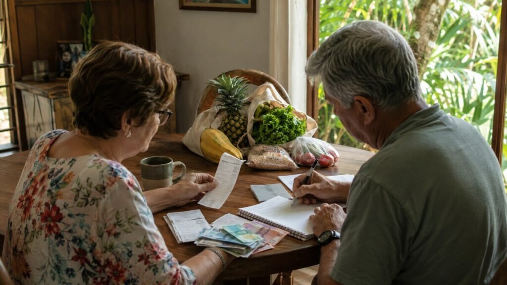 A retired couple reviews a household budget and grocery costs in Costa Rica.