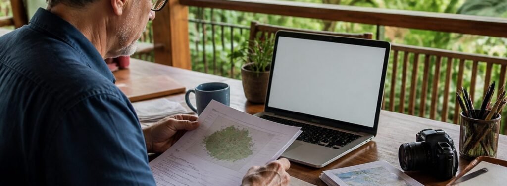 Costa Rica Havens editor reviewing relocation guide notes on a tropical veranda