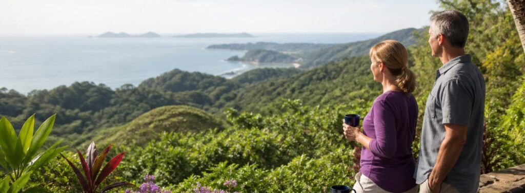 Couple planning a move to Costa Rica while overlooking green hills and coastline
