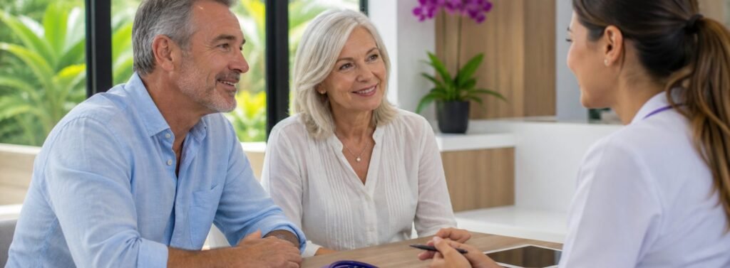 Mature couple discussing healthcare options with a clinician in Costa Rica