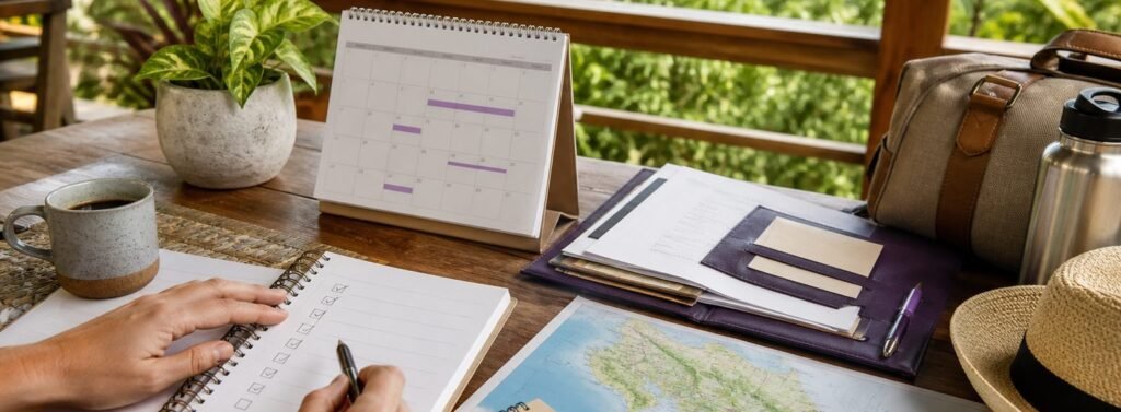 Costa Rica relocation checklist with calendar, map, documents, and travel planning items