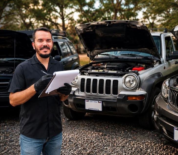 Ruben, The CR Car Guy, holding a clipboard beside vehicles with their hoods open
