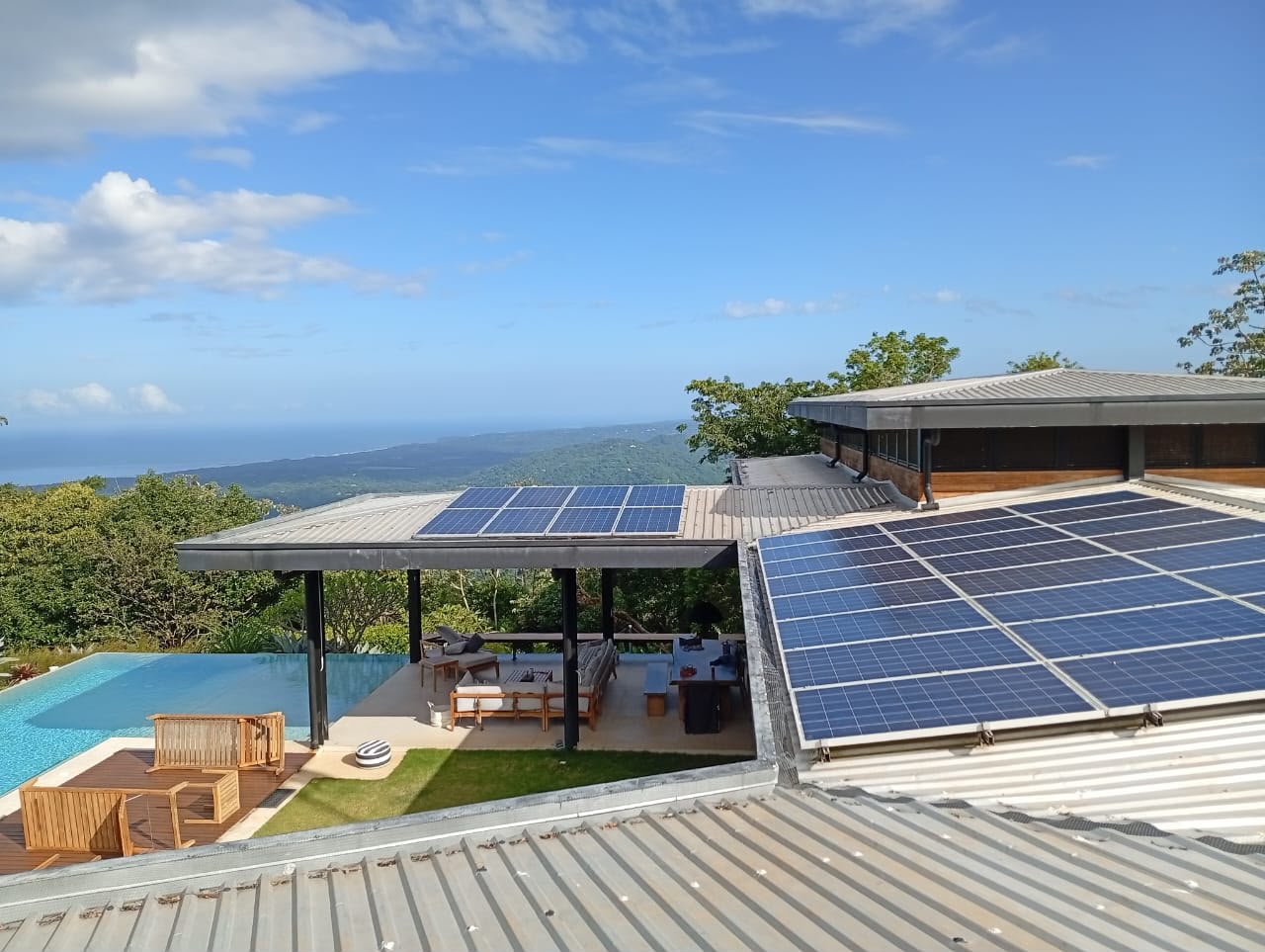Illustrative solar panels on the roofs of a home with a pool